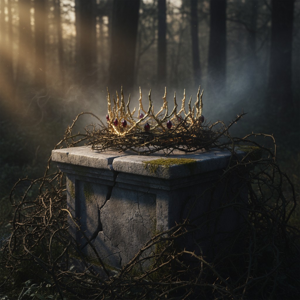 A crown of sharp, gold spikes sits upon crumbling stone pedestal in enchanted woods.