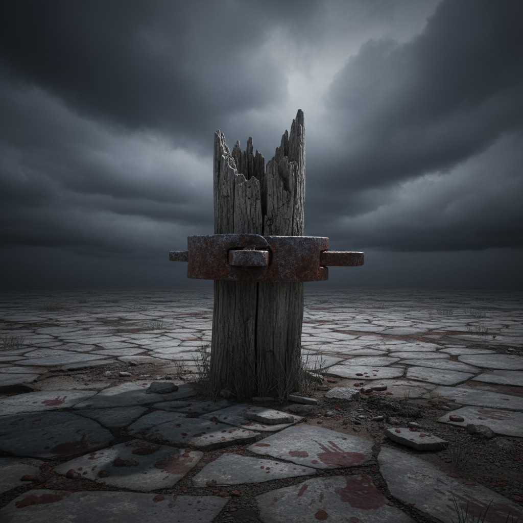 Dramatic fantasy landscape with ancient broken pillar set against dark, stormy skyline and cracked earth.