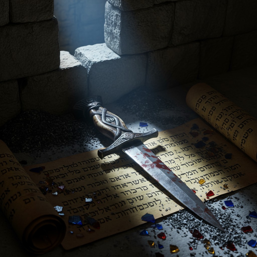 An ancient scroll with Hebrew letters lies in the corner of a dimly lit stone room. A bloody dagger lies across it, sugges...