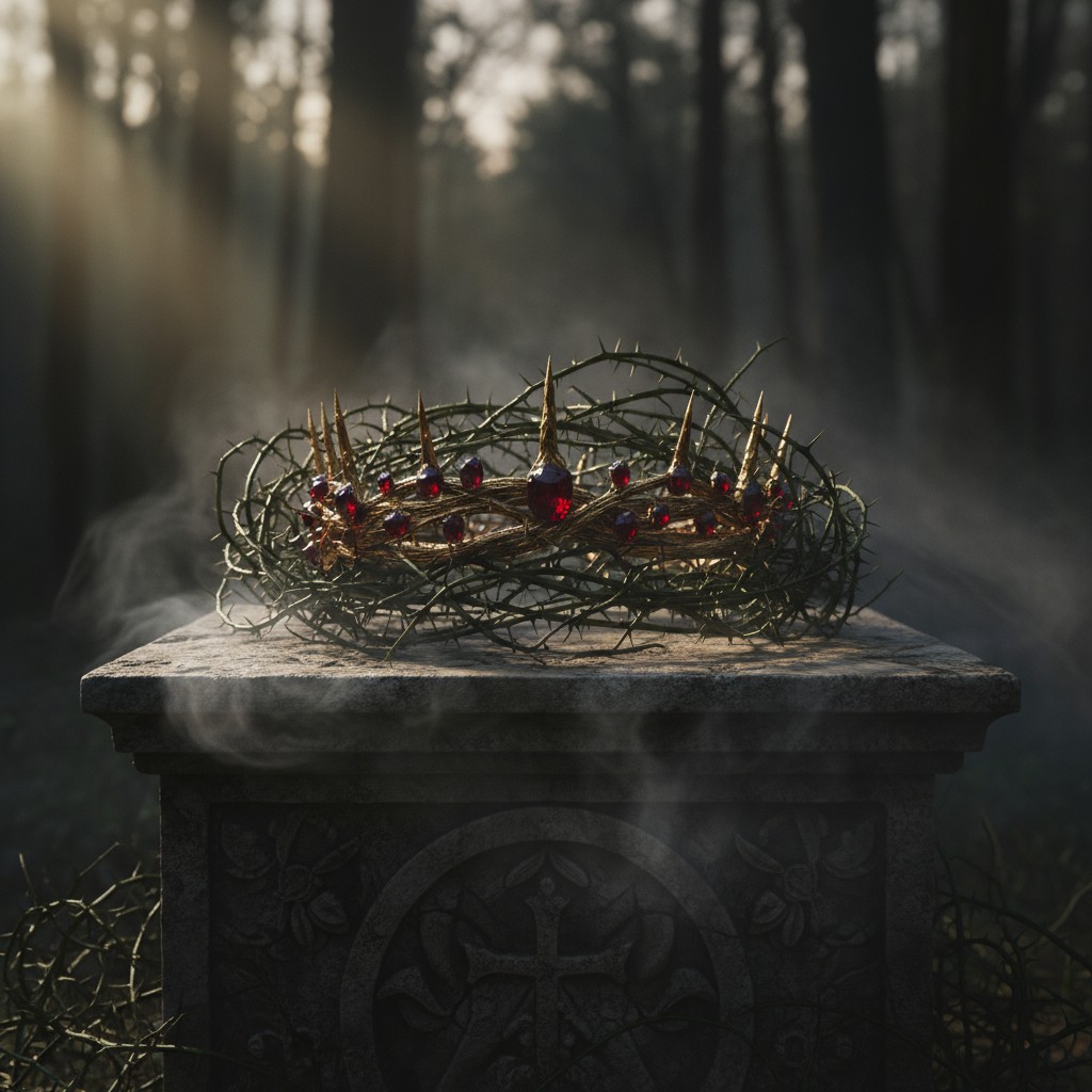 A dark crown made of twisted metal sits atop a stone table, surrounded by eerie light and fog in an abandoned graveyard.